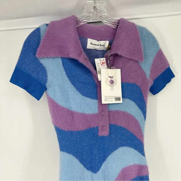 House of Sunny Good Vibrations Blue Purple Fuzzy Striped Artsy Bodysuit 6 NWT - Picture 4 of 9